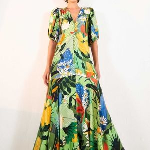 Farm Rio XL Vintage Toucans Button Down Midi Dress Smocked Shoulder